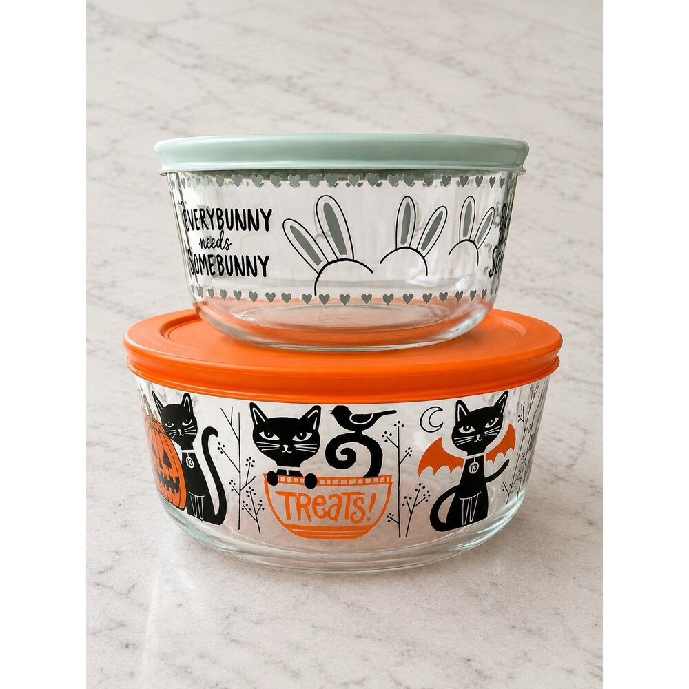 Pyrex Halloween Easter Glass Storage Bowls w Lids Black Cat Bunny Set - Picture 2 of 8